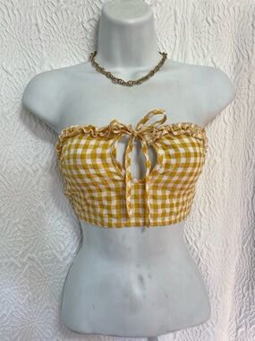 Yellow Gingham Tie-Front Strapless Crop Top